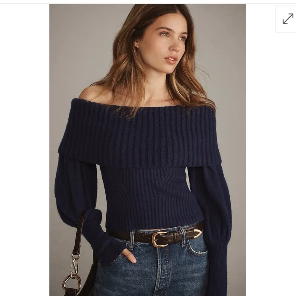 NWT By Anthropologie Off-Shoulder Navy Sweater